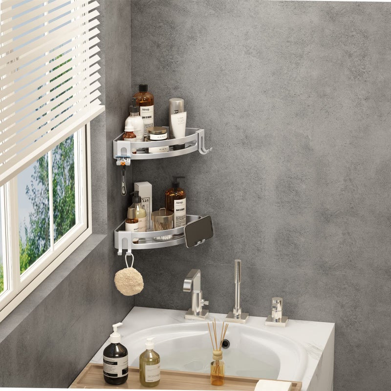 VOLPONE Shower Corner Shelf Caddy 2 Pack shower Organizer No Drill (adhesive mounting, no suction cup) Shower Storage Rust Proof Bathroom Corner Wall Shelf shampoo holder Silver - Image 4